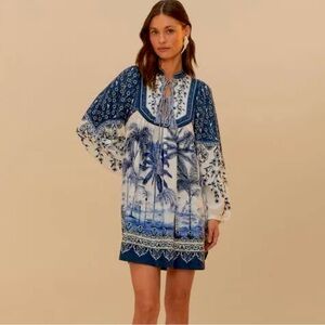 FARM Rio Palm Tree Beach Printed Linen-blend Mjni Dress Size Medium NWT